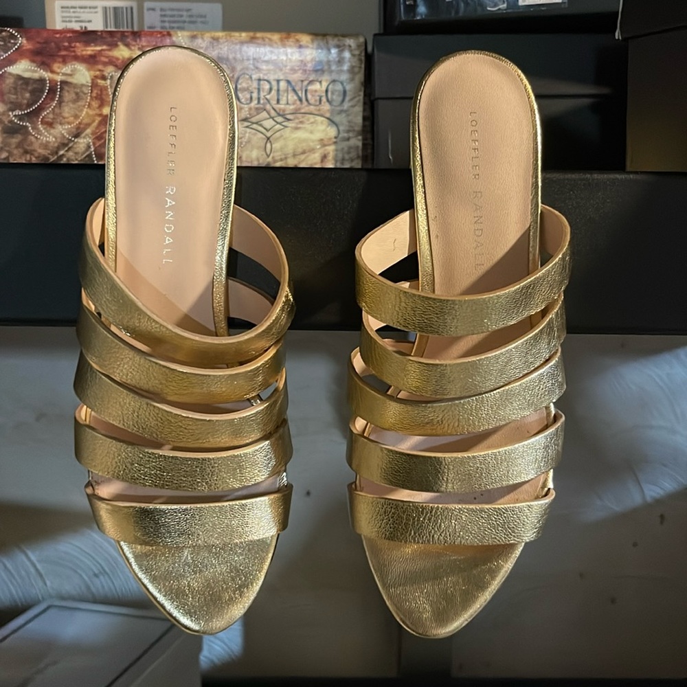Gorgeous gold strap Loeffer Randall block heels. Finley Gold. Work twice.